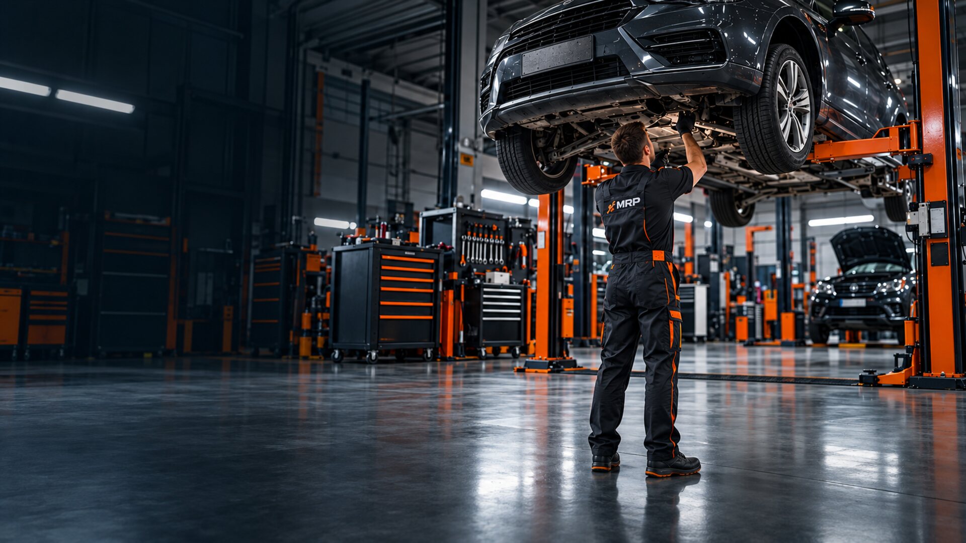Mechanik MRP pracujący pod samochodem na podnośniku w warsztacie MRP Auto Serwis